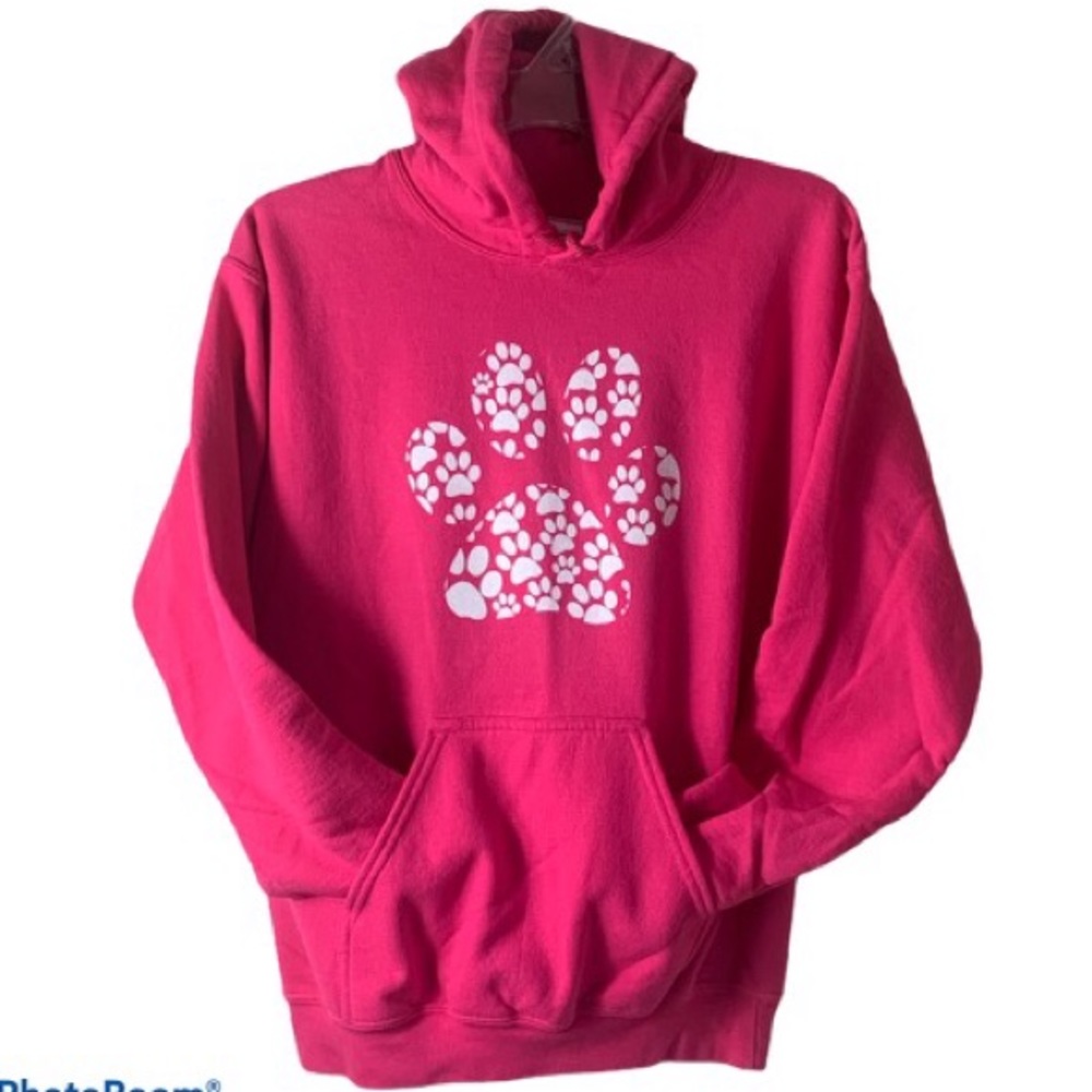 Women’s Paw Print Hoodie Sweatshirt Pink White Pockets Dog Lover Shirt Gift